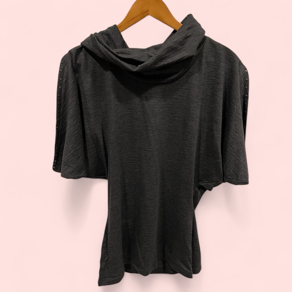 theory NWT wool blend charcoal gray cowl neck open shoulder studded top batwing